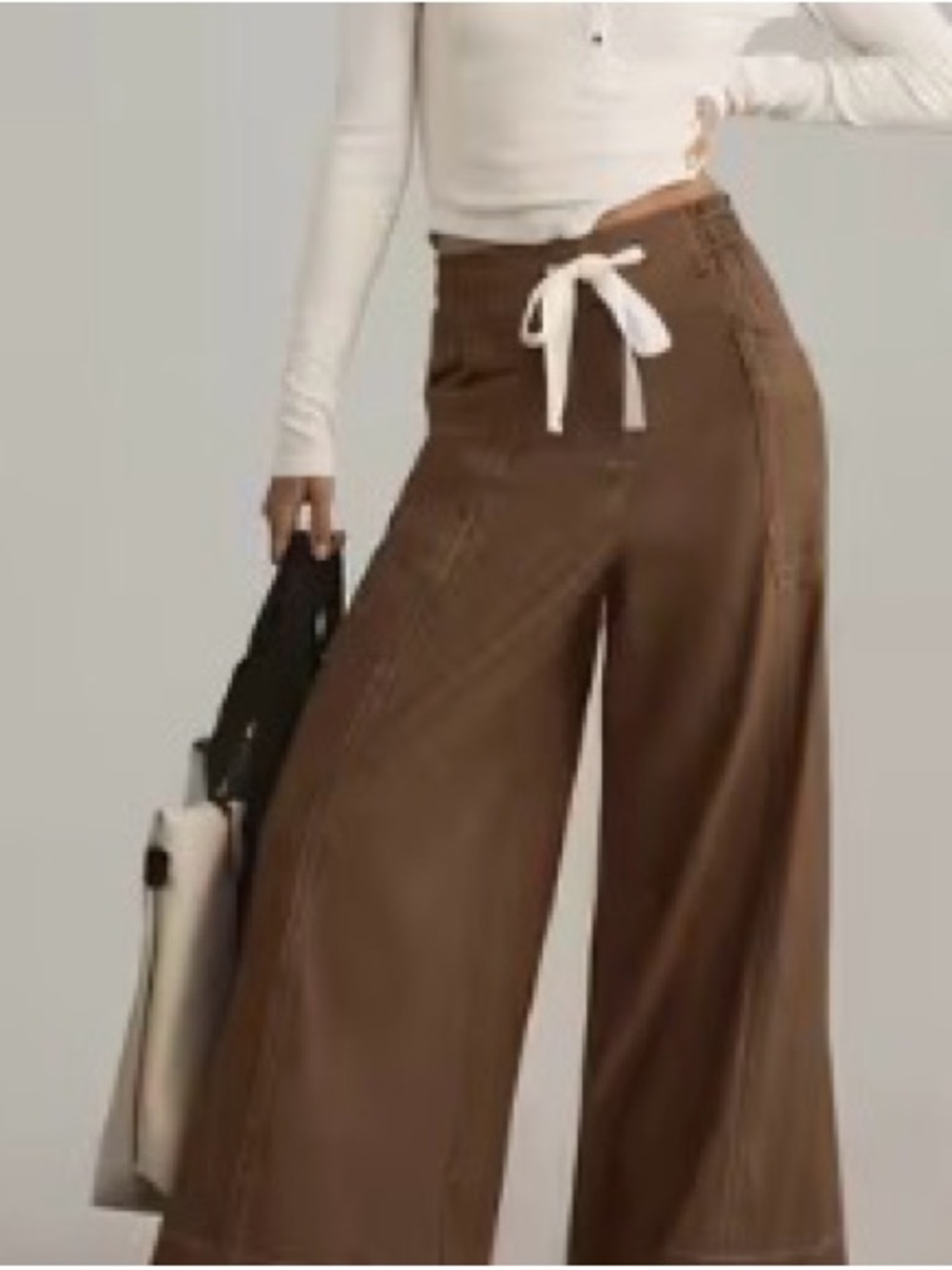 High-Rise Wide Leg Pull-On Pants in Brown with Contrast Drawstring